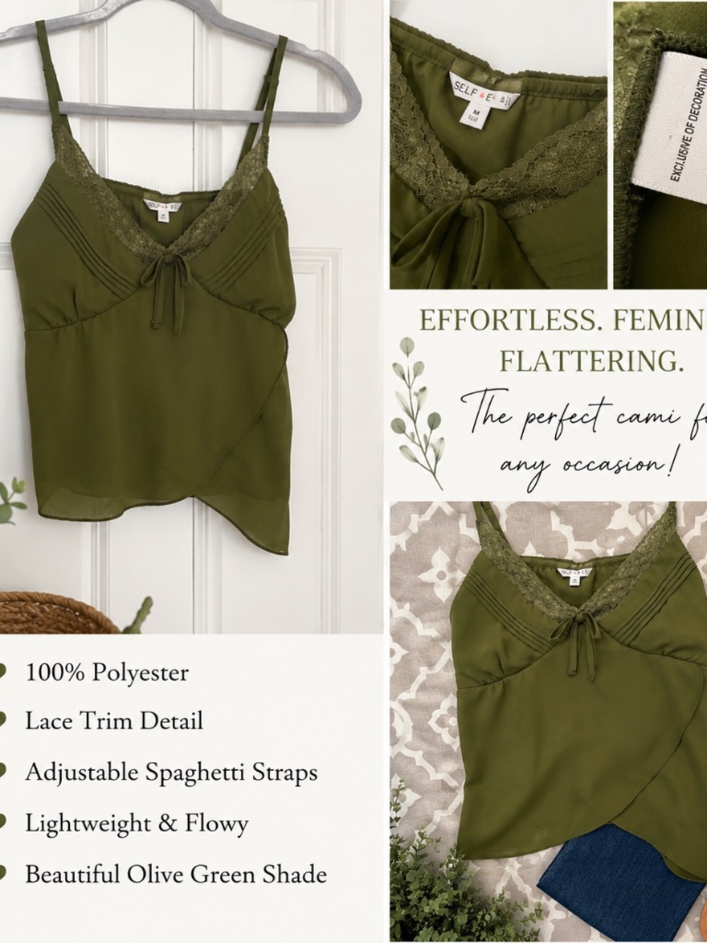 SELF ESTEEM Olive Green Lace Trim Cami | Size M | EUC